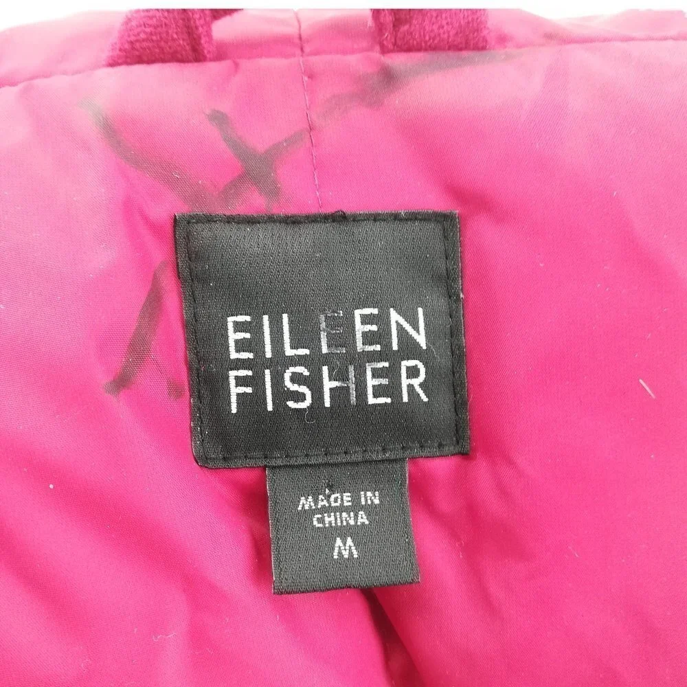 Eileen Fisher Red Down Puffer Vest Size M Pockets Hood Zipper Snap Classic